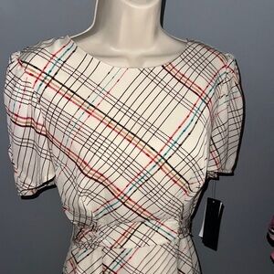 Cream Sheath Dress with Puff Cap Sleeves and Crew Neck